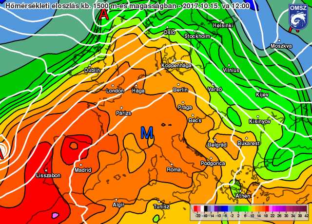 Meleg levegő áramlik térségünk fölé ECMWF modell előrejelzése 2017. október 15. 14 órára (12 UTC,) 850 hPa (~1500 m)