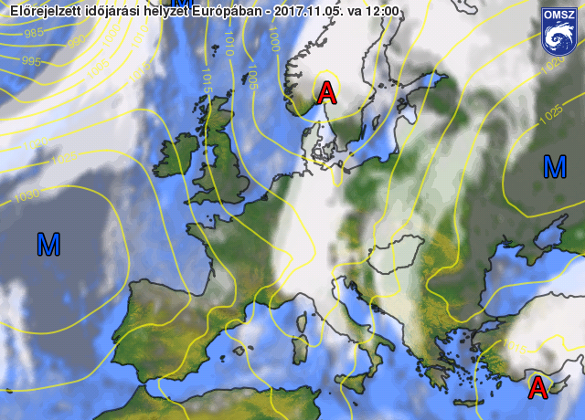 Nyomás és felhőzet előrejelzés 2017.11.5.13 órára (12 UTC) az ECMWF modell alapján