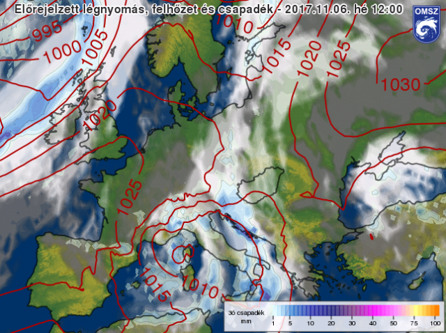 Előrejelzett légnyomás, felhőzet és csapadék az ECMWF modellben 2017.11.06. 13 órára (12 UTC)