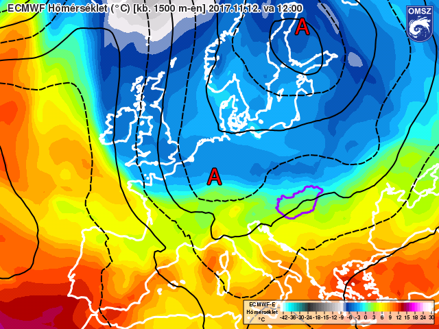 Nyugatról kelet felé gyorsan követik egymást a frontok térségünkben. (ECMWF 2017.11.12. - 13 óra - 12 UTC)