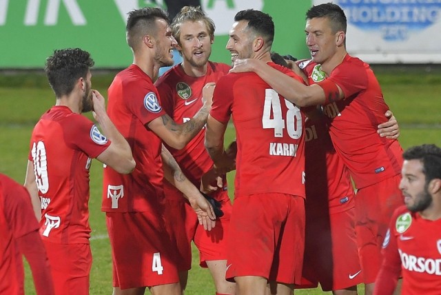 Diógyőri játékosok gólöröme a labdarúgó OTP Bank Liga 19. fordulójában játszott Diósgyőri VTK - Debreceni VSC mérkőzésen Mezőkövesden 2017. december 9-én. Diósgyőri VTK - Debreceni VSC 3-2. MTI Fotó: Czeglédi Zsolt