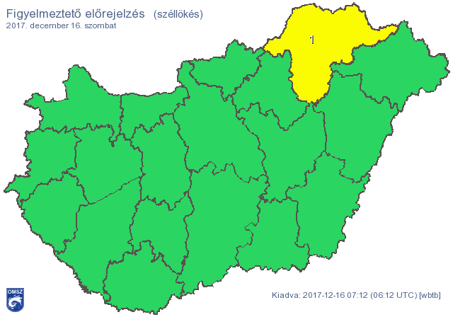 Figyelmeztető előrejelzés Magyarország területére 2017.12.16. szombat éjfélig