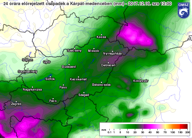 ECMWF modell csapadékelőrejelzése 2017. december 15. 13 óra (12 UTC) és december 16. 13 óra között