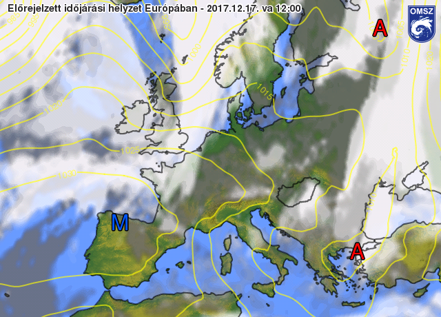 Nyomás és felhőzet előrejelzés 2017.12.17. 13 órára (12 UTC) az ECMWF modell alapjás