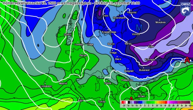 Előrejelzett hőmérséklet kb. 1500 m-es magasságban 2018.01.13. 13 órára (12 UTC).