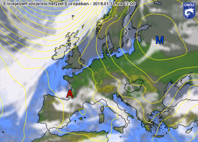 Nyomás és felhőzet előrejelzés 2018.01.14. 13 órára (12 UTC) az ECMWF modell alapján