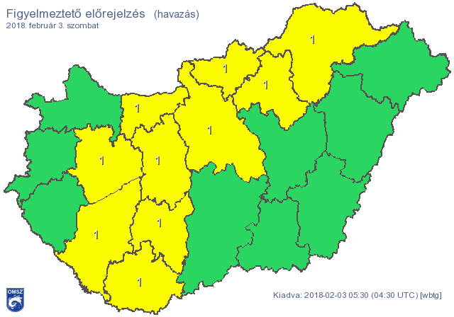 Figyelmeztető előrejelzés Magyarország területére 2018.02.03. szombat éjfélig