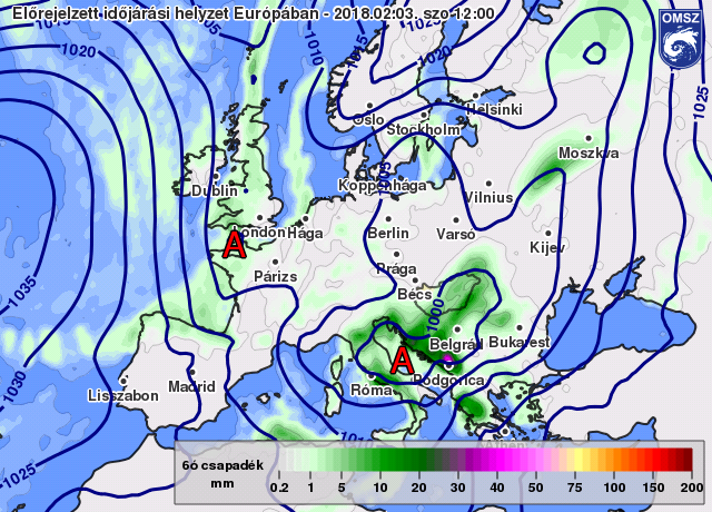 Nyomás és csapadék előrejelzés 2018.02.03.13 órára (12 UTC) az ECMWF modell alapján