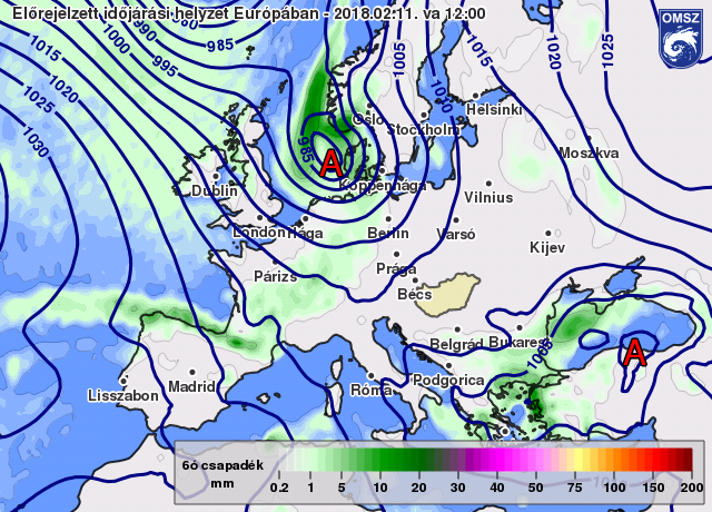 Nyomás és csapadék előrejelzés 2018.02.11.13 órára (12 UTC) az ECMWF modell alapján.
