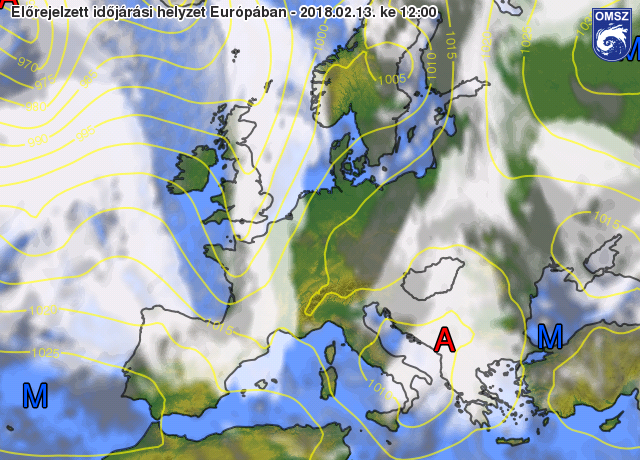Nyomás és felhőzet előrejelzés 2018.02.13.13 órára (12 UTC) az ECMWF modell alapján