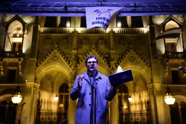 Kálló Dániel, a Független Diákparlament szóvivője a diáktüntetésen - 2018. február 23.