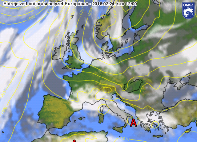 Nyomás és felhőzet előrejelzés 2018.02.24 13 órára ( 12 UTC) az ECMWF modell alapján.