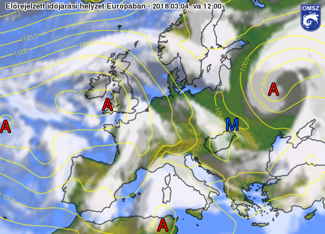 Nyomás és felhőzet előrejelzés 2018.03.04 13 órára (12 UTC) az ECMWF modell alapján