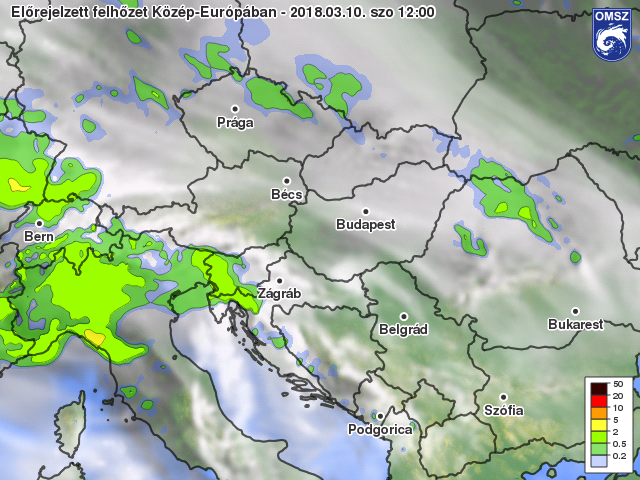 A felhősebb égkép mellett inkább csak rövid napos időszakok lehetnek (2018. 03. 10. 12 UTC - 13 óra).
