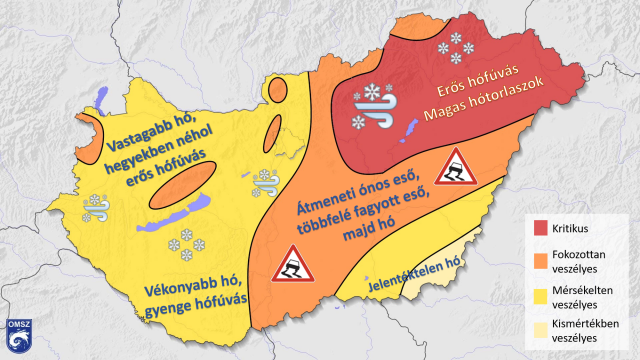A térkép szombat estétől vasárnap délutánig a szélsőséges időjárási események előrejelzett hatását mutatja a közlekedésre. Vasárnap napközben a havazás megszűnésével és a szél mérséklődésével párhuzamosan jelentősen javulnak a közlekedés időjárási feltételei. A térképet készítette: Bujdosó Bence, Tóth Tamás