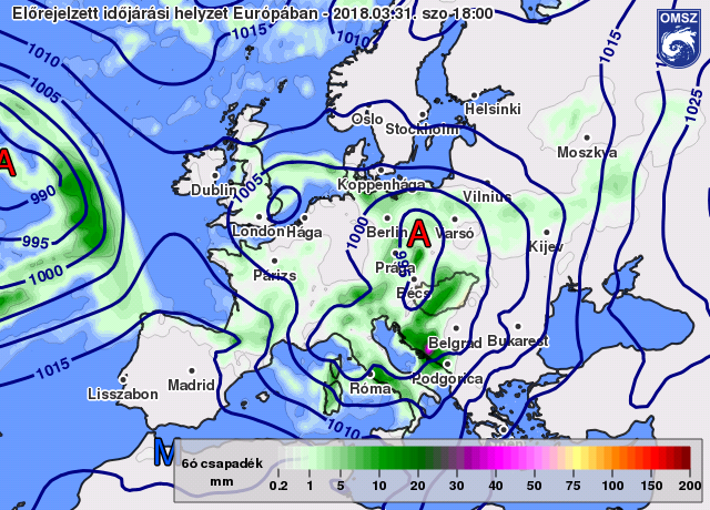 Nyomás és csapadék előrejelzés 2018.03.31.20 órára (18 UTC) az ECMWF modell alapján