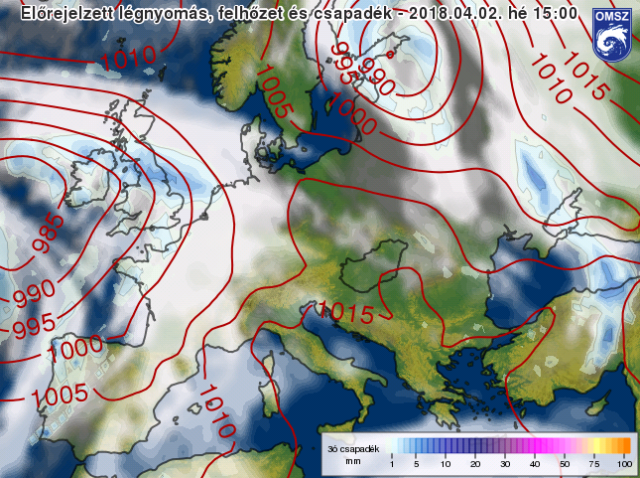Az ECMWF modell légnyomás, felhőzet és csapadék előrejelzése 2018.04.02. 17 órára (15 UTC)