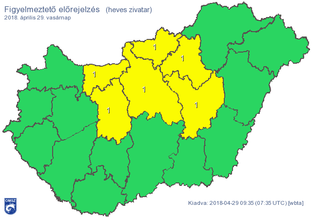 Heves zivatarok miatt kiadott figyelmezeteés