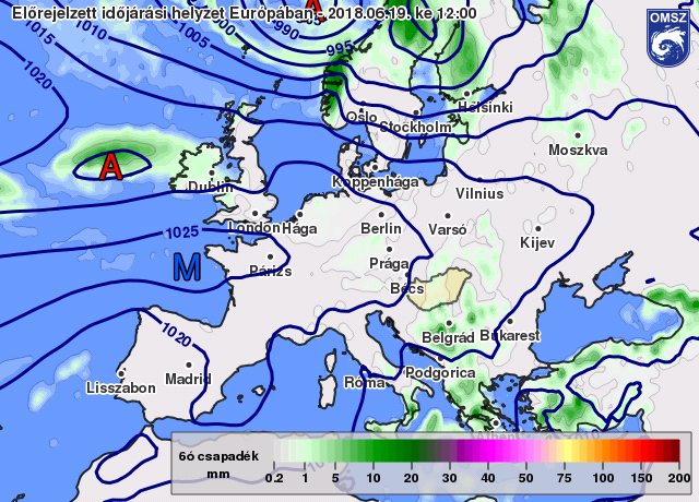 Időjárási helyzet 2018. június 19. 14 óra (12 (UTC) ECMWF modell