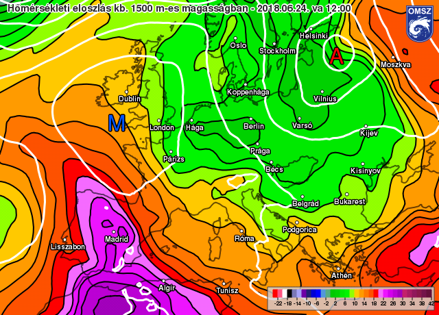 Viszonylag hideg levegő tölti ki még vasárnap kora délután is Európa középső területeit (az ECMWF modell alapján). 2018. 06. 24.
