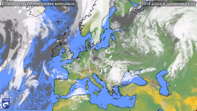 Európa felhőzeti képe vasárnap 12 UTC-kor (14 óra) - előrejelzés 2018. 07. 08.