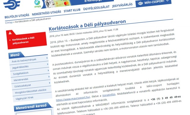 Korlátozások a Déli pályaudvaron 2018. 07. 10.