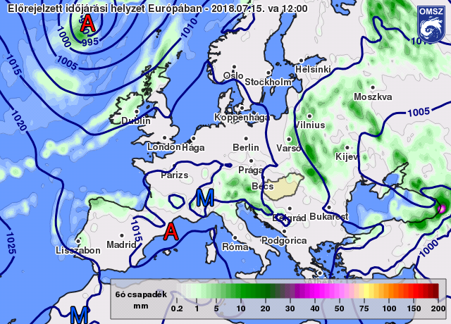 Nyomás és csapadék előrejelzés 2018.07.15.12 órára (12 UTC) az ECMWF modell alapján.