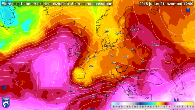 Előrejelzett hőmérsékleti eloszlás kb. 5 km-es magasságban 2018.07.21. 14 órakor (12 UTC)