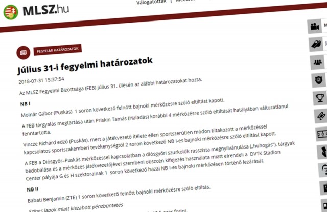 Szektorbezárásra büntették a DVTK-t 2018. 07. 31.