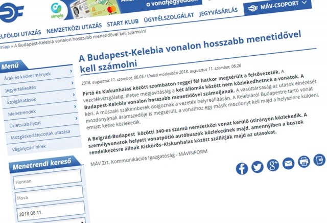 A Budapest-Kelebia vonalon hosszabb menetidővel kell számolni 2018. 08. 11.