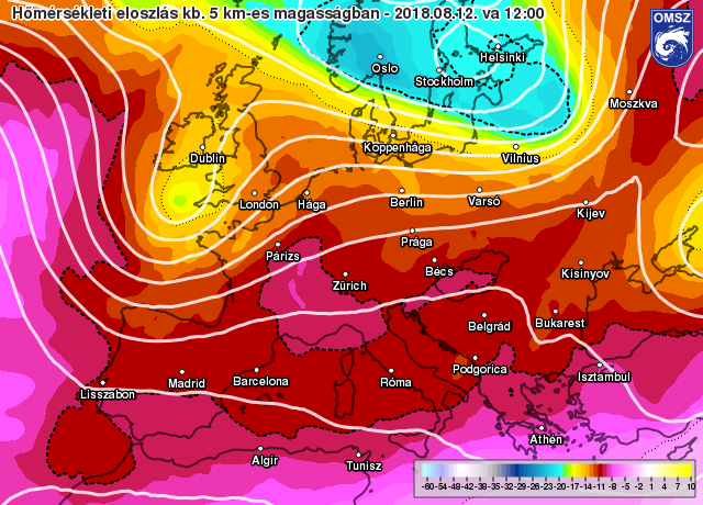 Előrejelzett hőmérsékleti eloszlás kb. 5 km-es magasságban 2018.08.12. 14 órára (12 UTC).