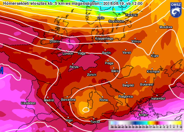 Előrejelzett hőmérséklet eloszlás kb 5 km-es magasságban 2018.08.19. 12 UTC (14 órakor).