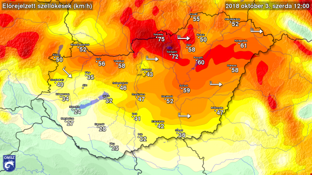 Az ECMWF modell által előrejelzett maximális széllökés az ország területére, szerda 14 órára (12 UTC)