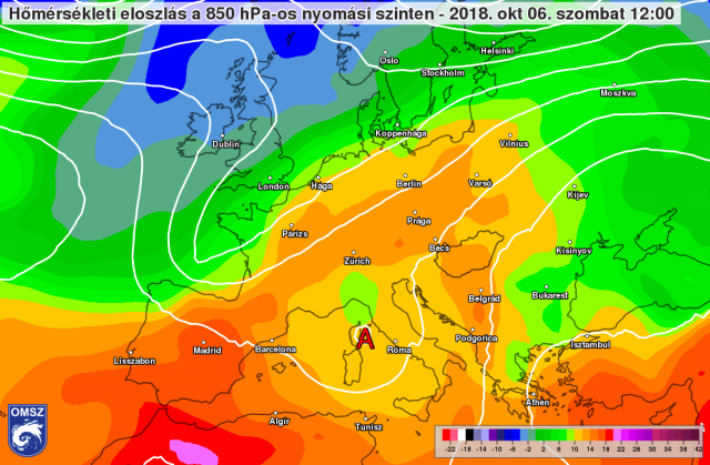 A 850 hPa-os szint hőmérsékleti eloszlása október 6-án 12 UTC-kor
