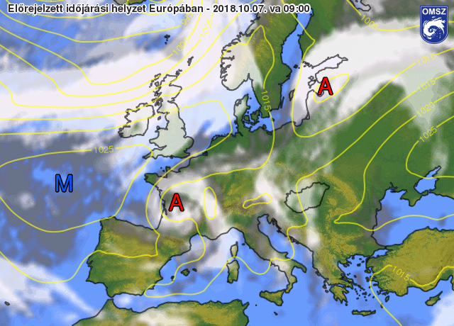 Nyomás és felhőzet előrejelzés 2018.10.07.14 órára (12 UTC) az ECMWF modell alapján