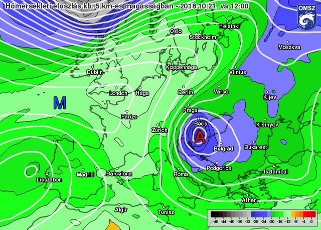 Az 500 hPa-os nyomási szint (ami kb. 5 km-es magasságban van) hőmérséklete vasárnap kora délután (12 UTC) az ECMWF modell alapján. Jól látható a magassági hidegcsepp elhelyezkedése.