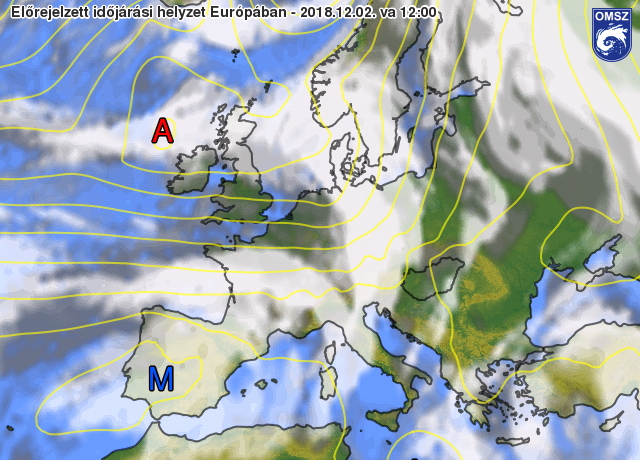 Az előrejelzett felhőzet és nyomás 2018.12.02. 13 órára (12 UTC).