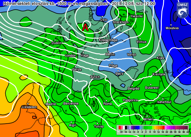 Néhány fokkal hidegebb levegő áramlik térségünk fölé ECMWF modell előrejelzése 2018. december 8. 13 óra (12 UTC), 850 hPa (~1500 m)